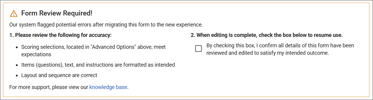 Form review notice highlighting necessary checks for accuracy and completion confirmation.